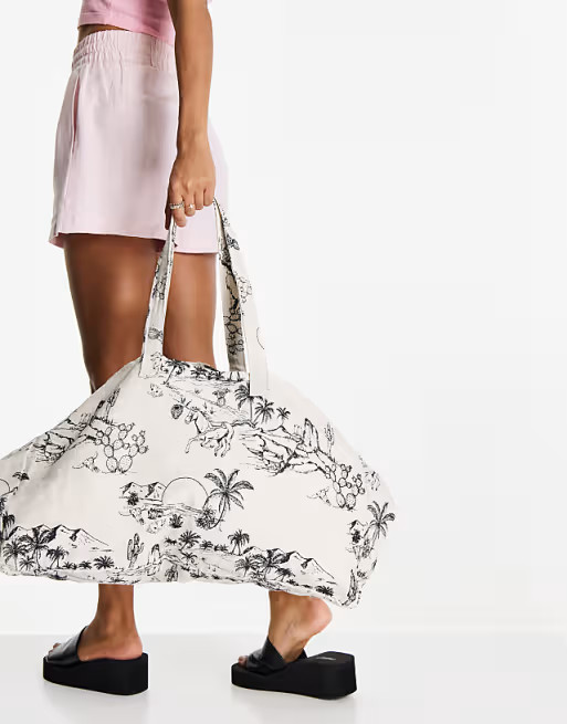 ASOS DESIGN oversized cotton scenic print tote in natural | ASOS (Global)