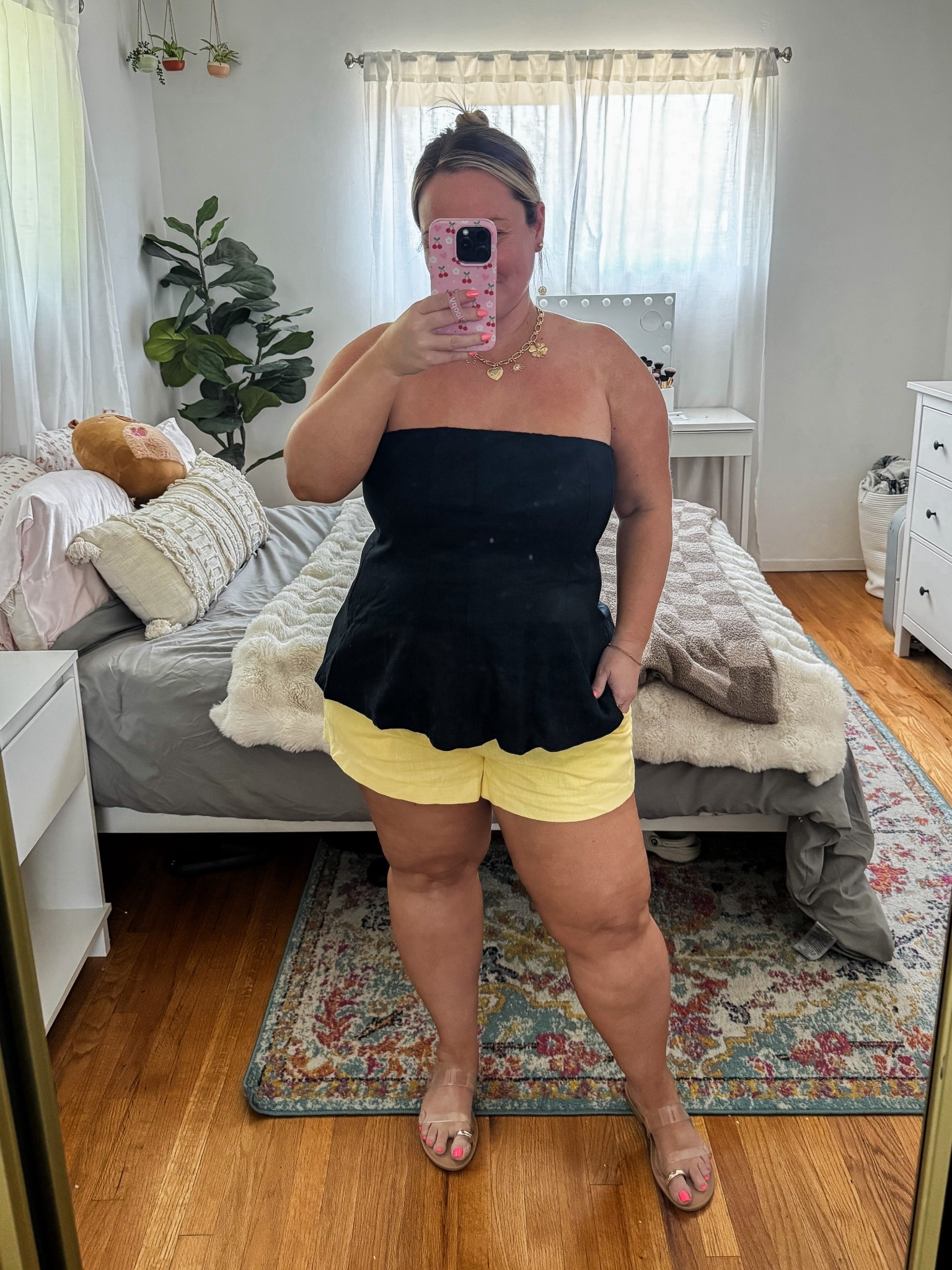 Abercrombie sale code AFSUMMER for added discount! 
Peplum top size XL (could do a large for a more snug fit and to go braless FYI) 
Has removable staples and a gripper at the top of the bust and a side zip 
Shorts size 32 curve love 

Summer style, summer outfit, travel style, resort wear, casual outfit, linen top, linen shorts, butter yellow 

#LTKMidsize #LTKPetite #LTKSaleAlert