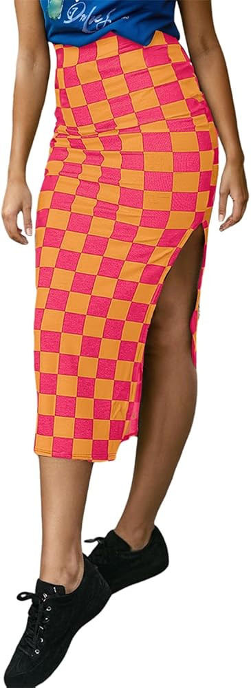 Amazon.com: EARKOHA Checkered Slit Midi Skirt for Women Summer High Waisted Sexy Bodycon Skirts W... | Amazon (US)