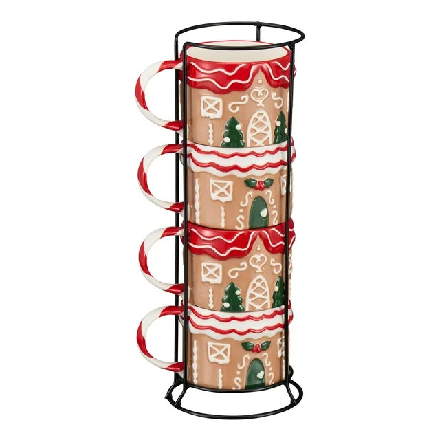 Holiday Time 12oz Gingerbread House Glazed Stoneware Ceramic Stacking Mug Set with Metal Rack - W... | Walmart (US)