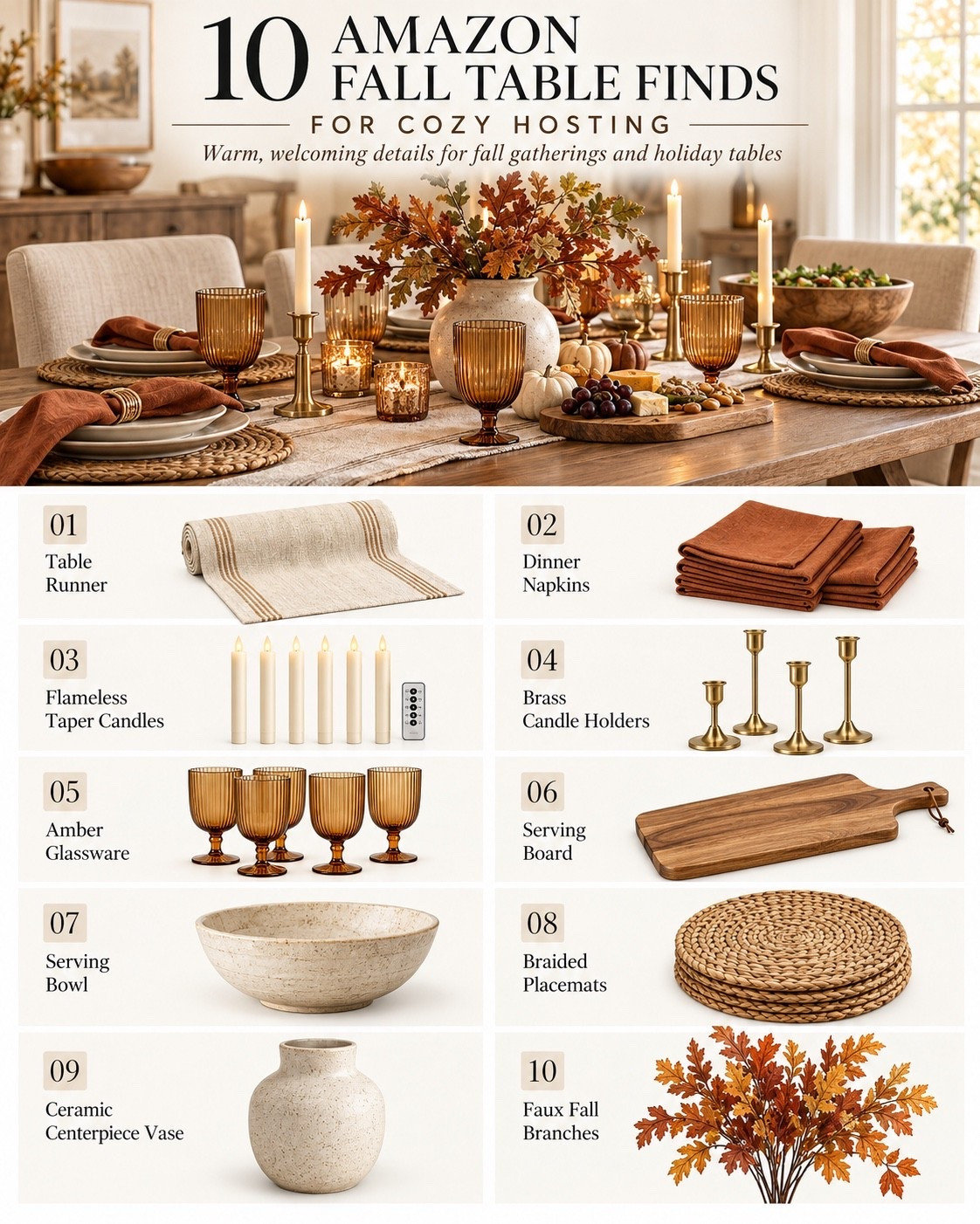 Fall hosting, but make it warm, collected and actually easy to recreate. 🍂🤎 I love how a few simple layers completely transform a table: a textured runner, rust-colored napkins, warm amber glassware, woven placemats and plenty of candlelight. Add a ceramic vase filled with fall branches in the center and suddenly Tuesday dinner looks like you have your life together. 😂

fall tablescape, fall table decor, fall table setting, fall dining table decor, fall hosting ideas, autumn tablescape, autumn table decor, Thanksgiving tablescape, Thanksgiving table decor, Thanksgiving table setting, Thanksgiving hosting, fall entertaining, cozy fall decor, neutral fall decor, warm fall decor, elegant fall decor, simple fall decor, Amazon fall decor, Amazon fall finds, Amazon home finds, Amazon table decor, fall centerpiece, fall centerpiece ideas, Thanksgiving centerpiece, ceramic vase centerpiece, faux fall branches, fall stems, autumn branches, table runner, neutral table runner, rust dinner napkins, cloth dinner napkins, amber glassware, amber goblets, vintage inspired glassware, brass candle holders, brass candlesticks, flameless taper candles, battery taper candles, woven placemats, braided placemats, natural placemats, wood serving board, charcuterie board, serving bowl, fall dinner party, cozy hosting ideas, holiday hosting ideas, Thanksgiving decor ideas, fall home inspiration

#LTKSeasonal #LTKHome #LTKSaleAlert