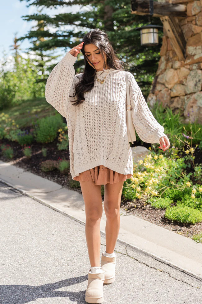Wide Open Spaces Beige Chenille Cable Knit Oversized Sweater | Pink Lily