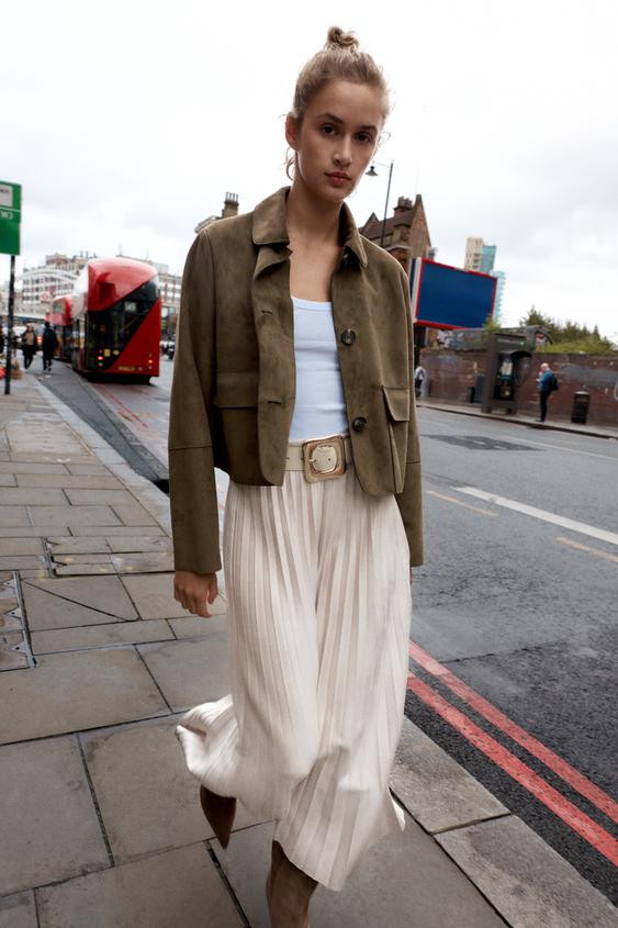 BELTED FAUX SUEDE EFFECT PLEATED MIDI SKIRT | Zara US