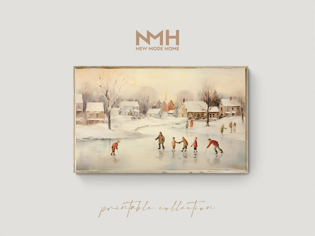 Skating on the Pond / Frame TV Art / Vintage Oil Painting / Holiday Printable Artwork / Downloada... | Etsy (CAD)