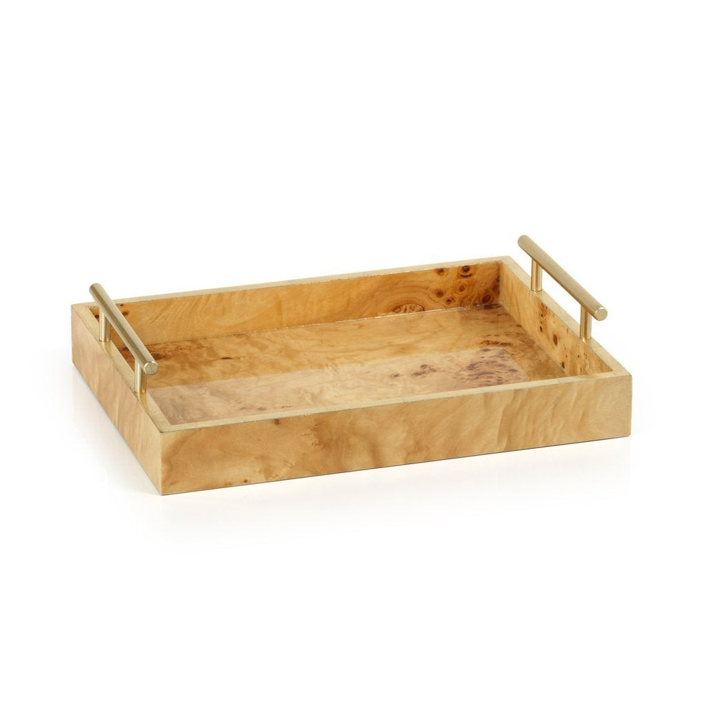 Leiden Burl Wood Rectangular Tray w/ Gold Handles - Medium | Burke Decor