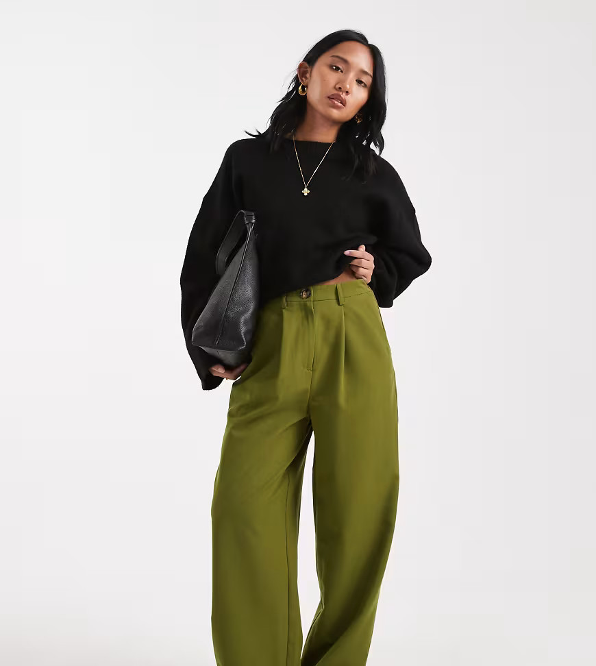 Miss Selfridge Petite tailored wide leg pants in forest green | ASOS (Global)