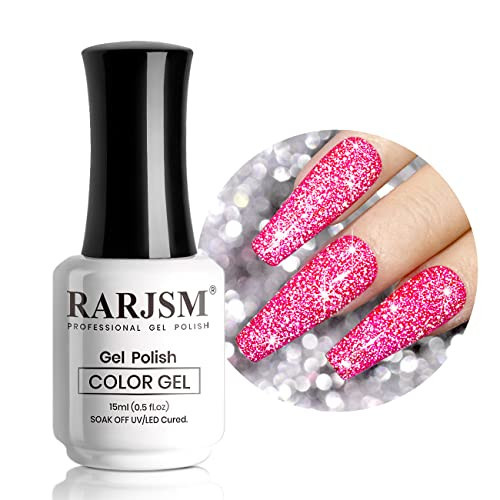 RARJSM Reflective Gel Nail Polish Hot Pink Glitter Gel Polish Neon Flash Diamond Sparkle Gelpolish Soak off UV Curing Requires 15ml Single Bottle for Salon Home Diy Nail Manicure | Amazon (US)