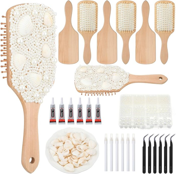 6 Sets DIY Wooden Hairbrush Craft Kit 10" White Hair brush Make Your Own Girls Night Party Suppli... | Amazon (US)