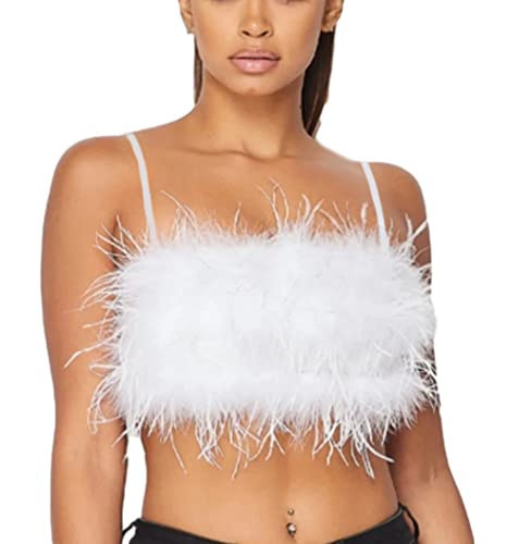 Women Rave Festival Feather Sleeveless Crop Tops Faux Fur Spaghetti Straps Tube Top for Concert Club Party White | Amazon (US)