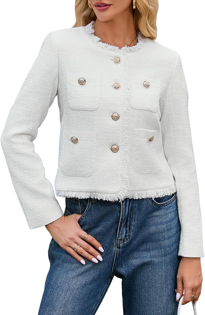 Cropped Tweed Blazer Jackets for Women Elegant Collarless Long Sleeve Button Down Work Office Bla... | Amazon (US)