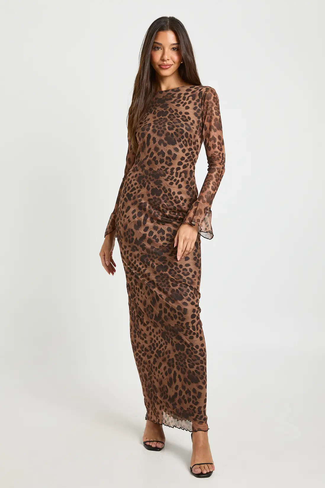 Brown Leopard Mesh Lace Back Maxi Dress | Boohoo USA | boohoo (US & Canada)