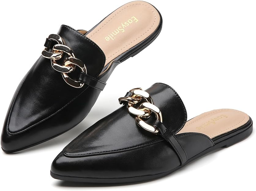 EasySmile Plastic Chain Decor Flat Mules for Women Closed Pointed Toe Slip on Loafers Slides Back... | Amazon (US)