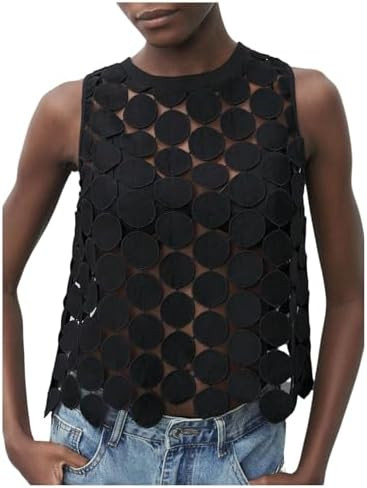 SHENHE Women's Sheer Tank Tops See Through Polka Dots Asymmetrical Top 2026 Summer Spring Sleevel... | Amazon (US)