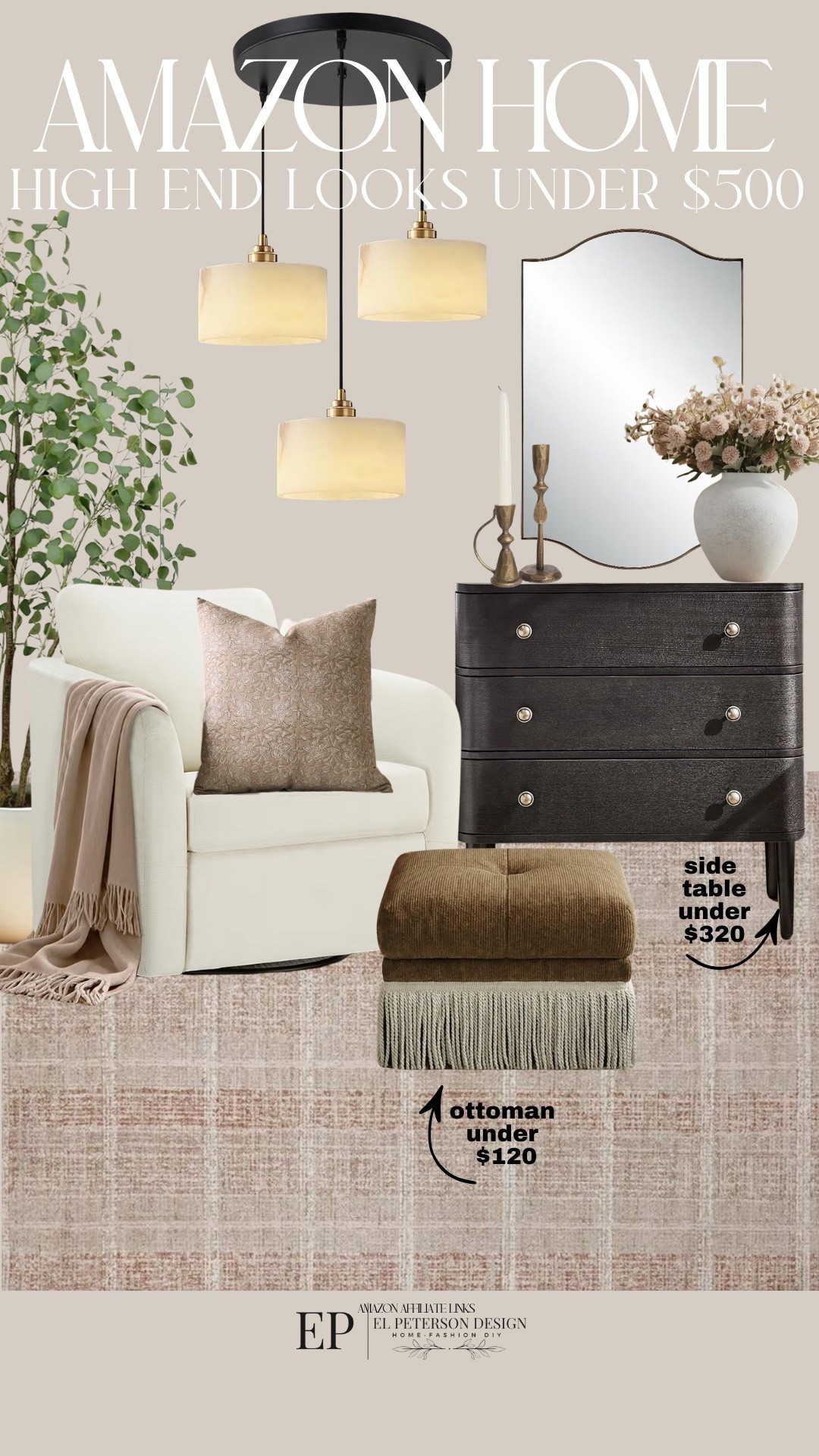 Amazon Home
Accent table
Ottoman
Vase
Mirror
Candle holder
Accent Chair
Throw pillow
Chandelier
Faux tree 

#LTKHome