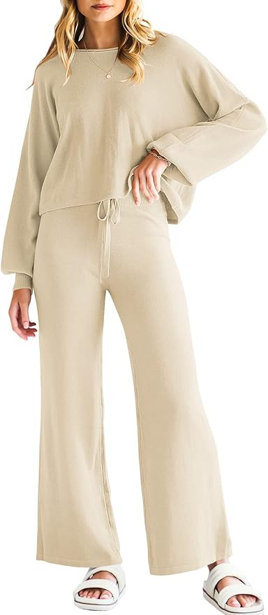 ANRABESS Women’s Two Piece Outfits Sweatsuit Long Lantern Sleeve Crewneck Crop Top with Wide Le... | Amazon (US)