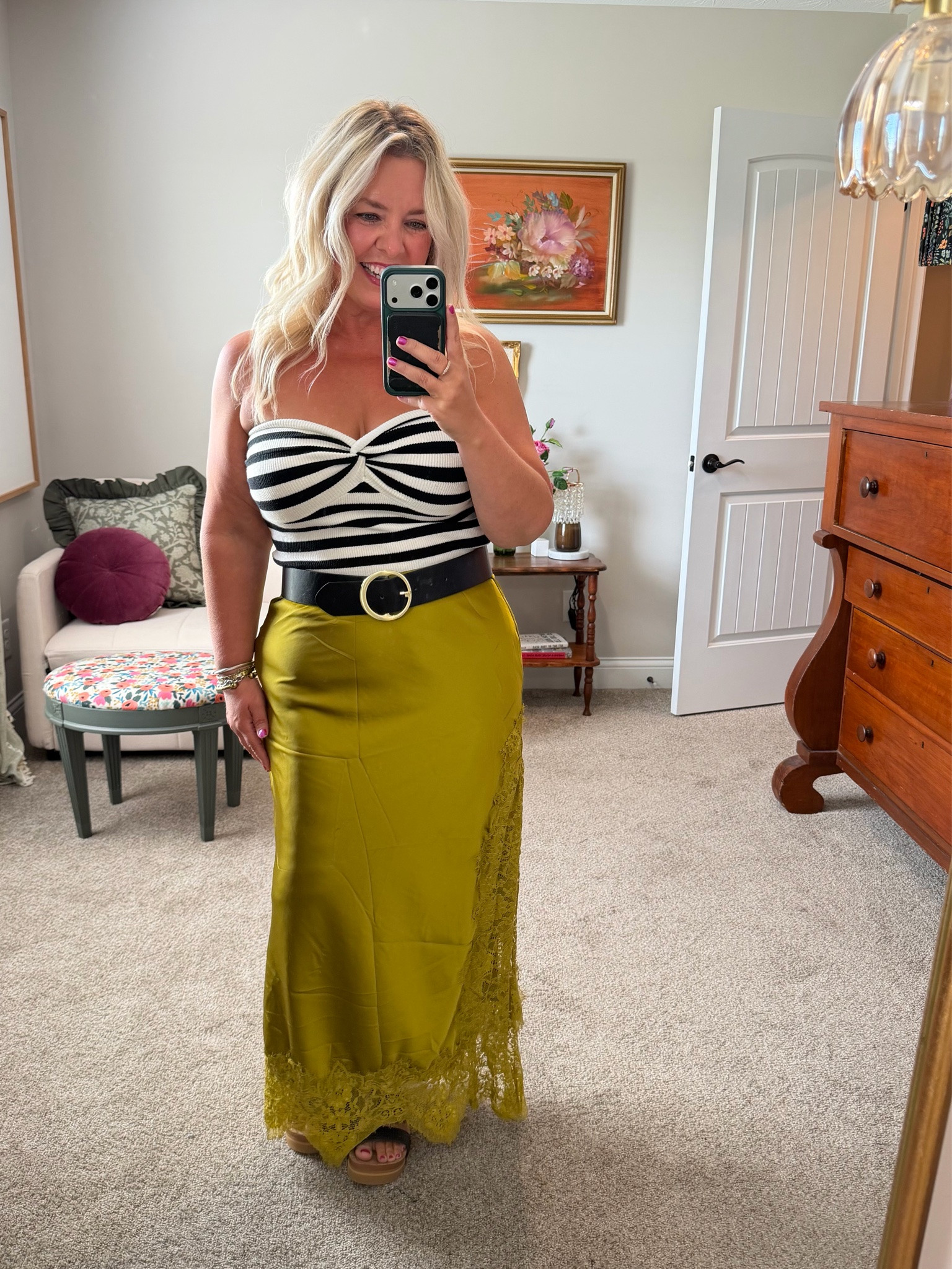 This satin & lace $30 Amazon maxi skirt when viral for a reason! I am wearing my true size large & I styled it 5 ways in a past post so if you want to see the rest of those, just scroll back! But in this pic, I am wearing the cutest strapless top (so good, I have it in 3 solid colors as well) sized down to a medium in it. This wide belt is elastic in the back so it moves with you & isn't uncomfortable to wear! All AMAZON!!!

#LTKOver40 #LTKMidsize #LTKPetite