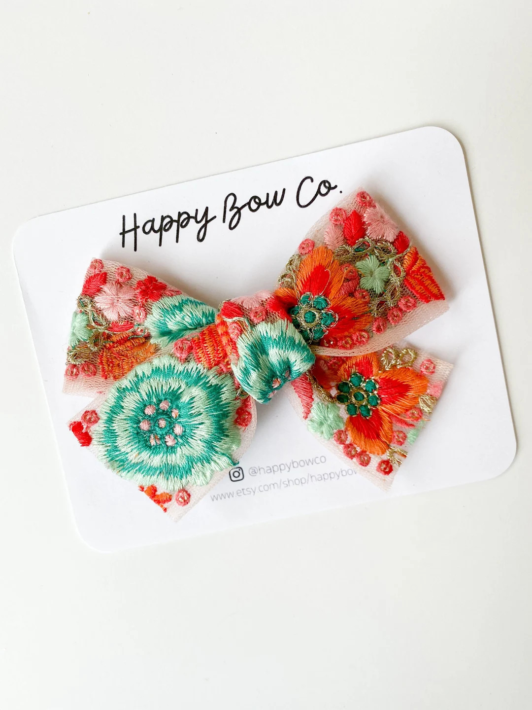 Teal, Pink, Orange Embroidered Floral Hair Bow, Girls Hair Clip, Baby Hair Bow, Baby Shower Gift,... | Etsy (US)