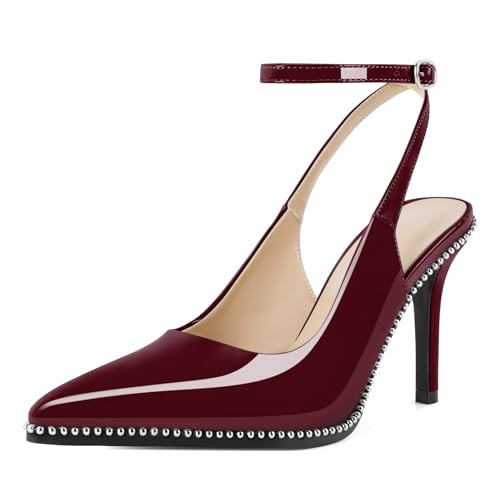 Soireelady Women's Burgundy Pumps for Women Slingback Ankle Strap Heels Beaded High Stilettos Dress Shoes 3.5 Inches Burgundy US Size 9 | Amazon (US)