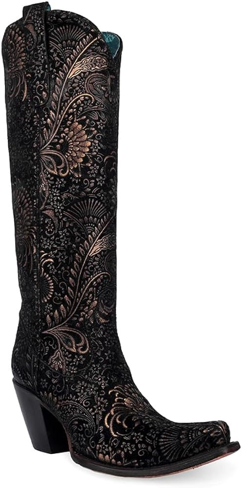 CORRAL LADIE'S BLACK/GOLADIE'S STAMPED FLORAL SUEDE TALL TOP, CORRAL LARGE 65X35 SOLE,COWHIDE LEA... | Amazon (US)
