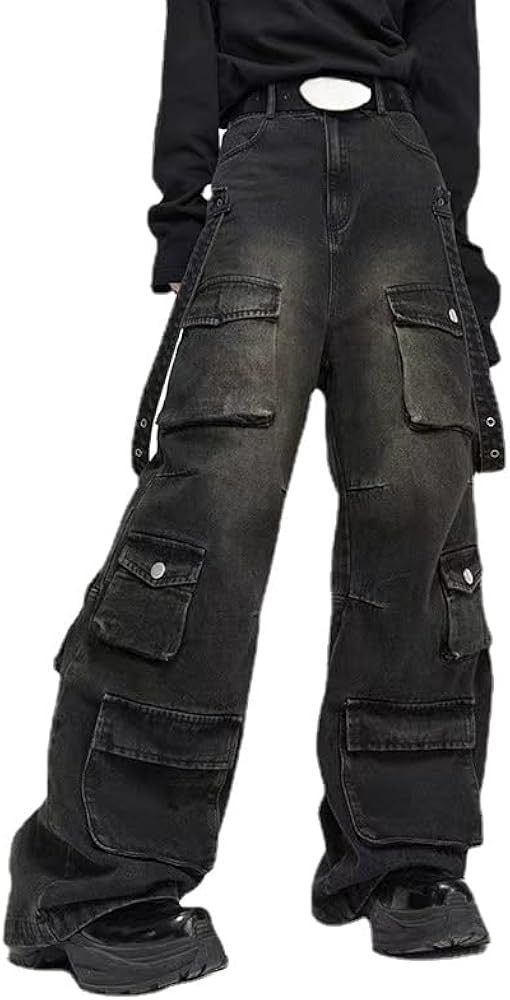 Women's Multi-Pocket Jeans Washed Cargo Pants Y2k Retro High Waist Jeans Wide Leg Pants Grunge Em... | Amazon (US)