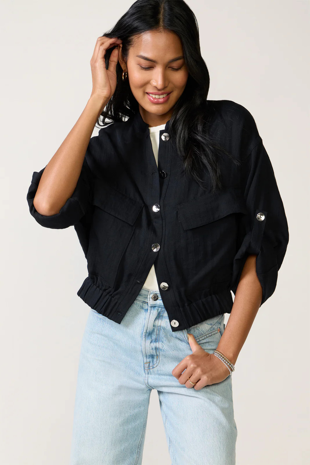 EVEREVE Women's Jessa Utility Bomber Jacket, Size XS, Black | Evereve