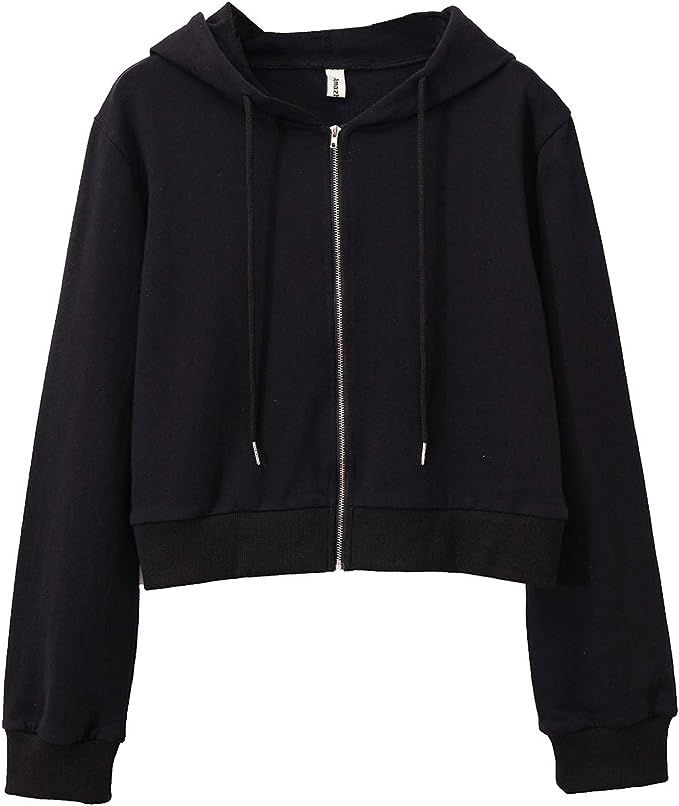 Women's Cropped Zip up Hoodie Long Sleeves with Drawstring Hooded Cotton Crop Tops | Amazon (US)