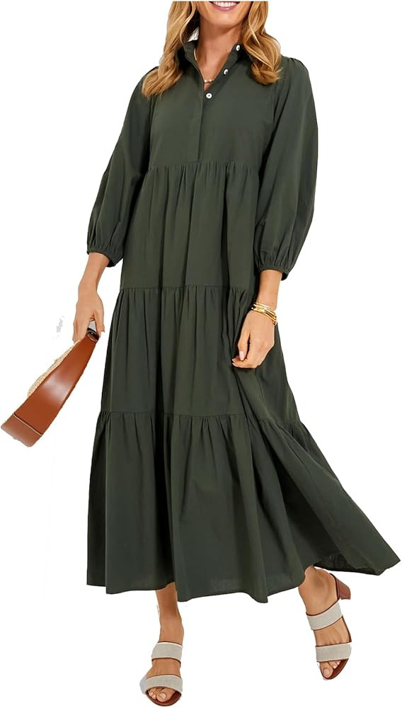 Women Flowy Maxi Dresses Casual V Neck Smocked Tiered Babydoll Sundress Beach Long Skirt with Poc... | Amazon (US)