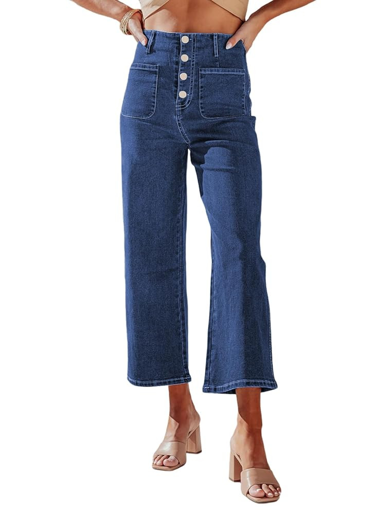 Sidefeel Women's Wide Leg Jeans High Waisted Zimbaplatinum Stretchy Straight Leg Jeans Buttoned L... | Amazon (US)