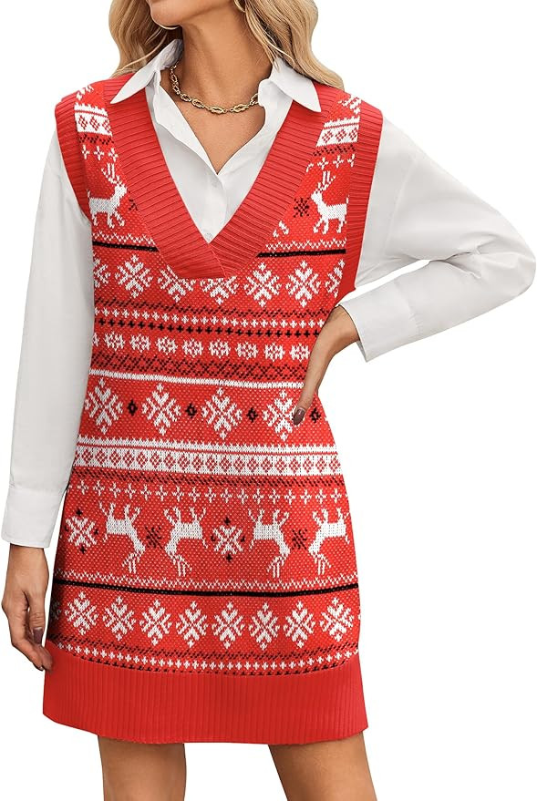 Zeagoo Women Sweater Vest Dress 2025 Sleeveless Sweater Dress V Neck Knit Vests Fashion Fall Casu... | Amazon (US)