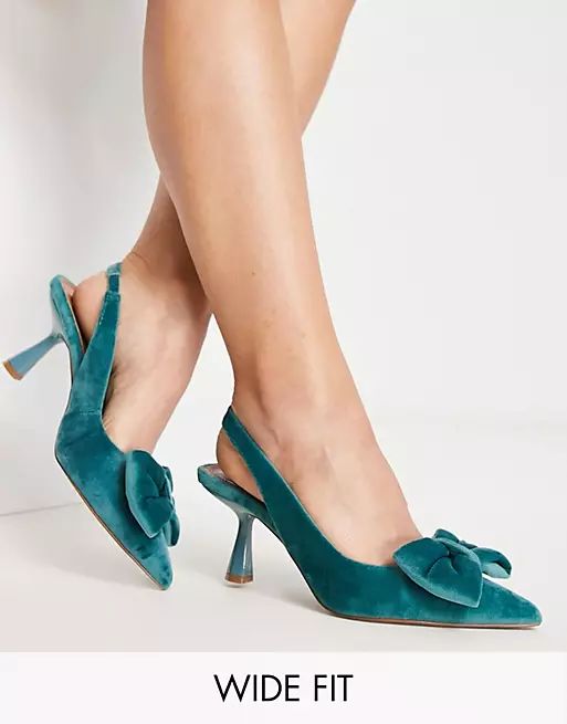 ASOS DESIGN Wide Fit Scarlett bow detail mid heeled shoes in blue | ASOS (Global)