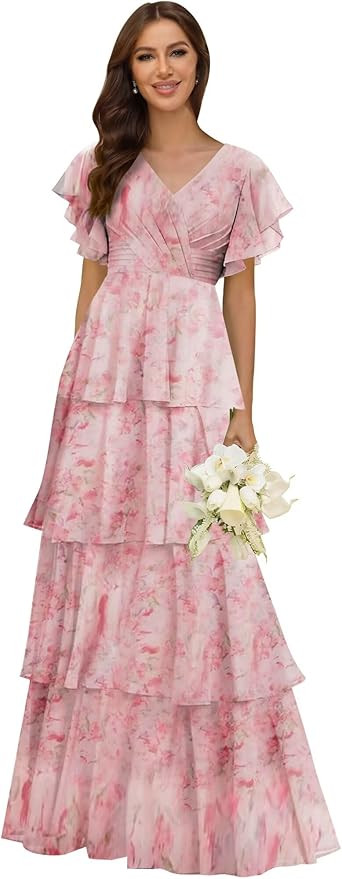 homdor Tiered Ruffles Bridesmaid Dresses for Women 2026 V Neck Chiffon Formal Evening Dresses wit... | Amazon (US)