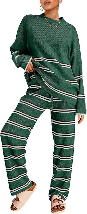 LILLUSORY 2 Piece Sets for Women 2025 Fall Outfits Two Piece Lounge Sets Sweatsuits Striped Knit ... | Amazon (US)