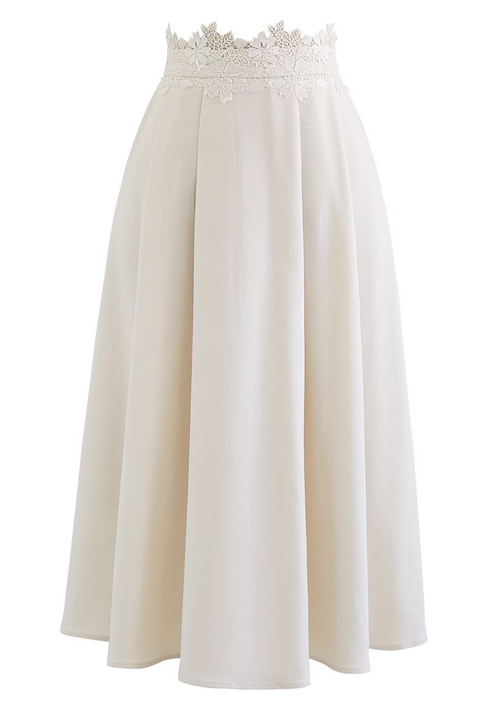 Lacy Waist Pleated Flare Midi Skirt in Ivory | Chicwish
