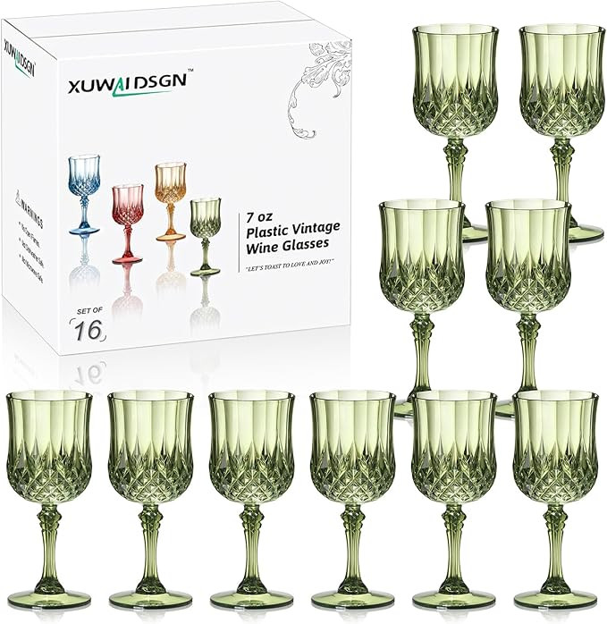 XUWAIDSGN 16 Pcs 7oz Plastic Vintage Wine Glasses Drinking Glasses Unbreakable Wedding Glassware ... | Amazon (US)