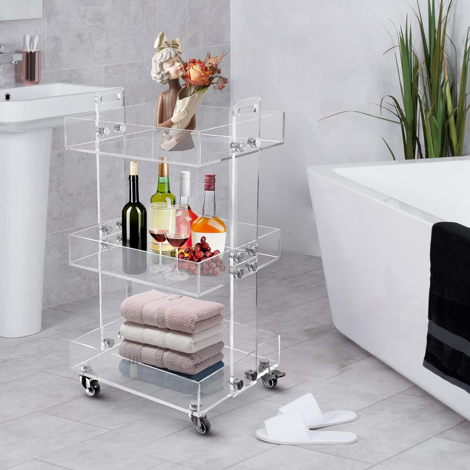 BOEASTER 3-Tier Acrylic Bar Cart,Storage Rolling Cart with Wheels,Clear Acrylic Side Table for Of... | Amazon (US)