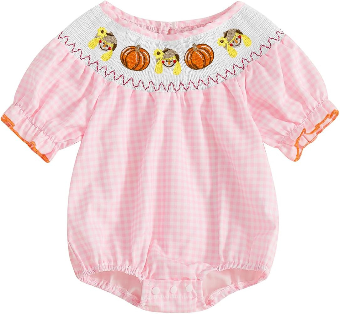Ayalinggo Newborn Baby Girl Smocked Pumpkin Outfit Infant Plaid Bubble Romper Embroidery Hallowee... | Amazon (US)