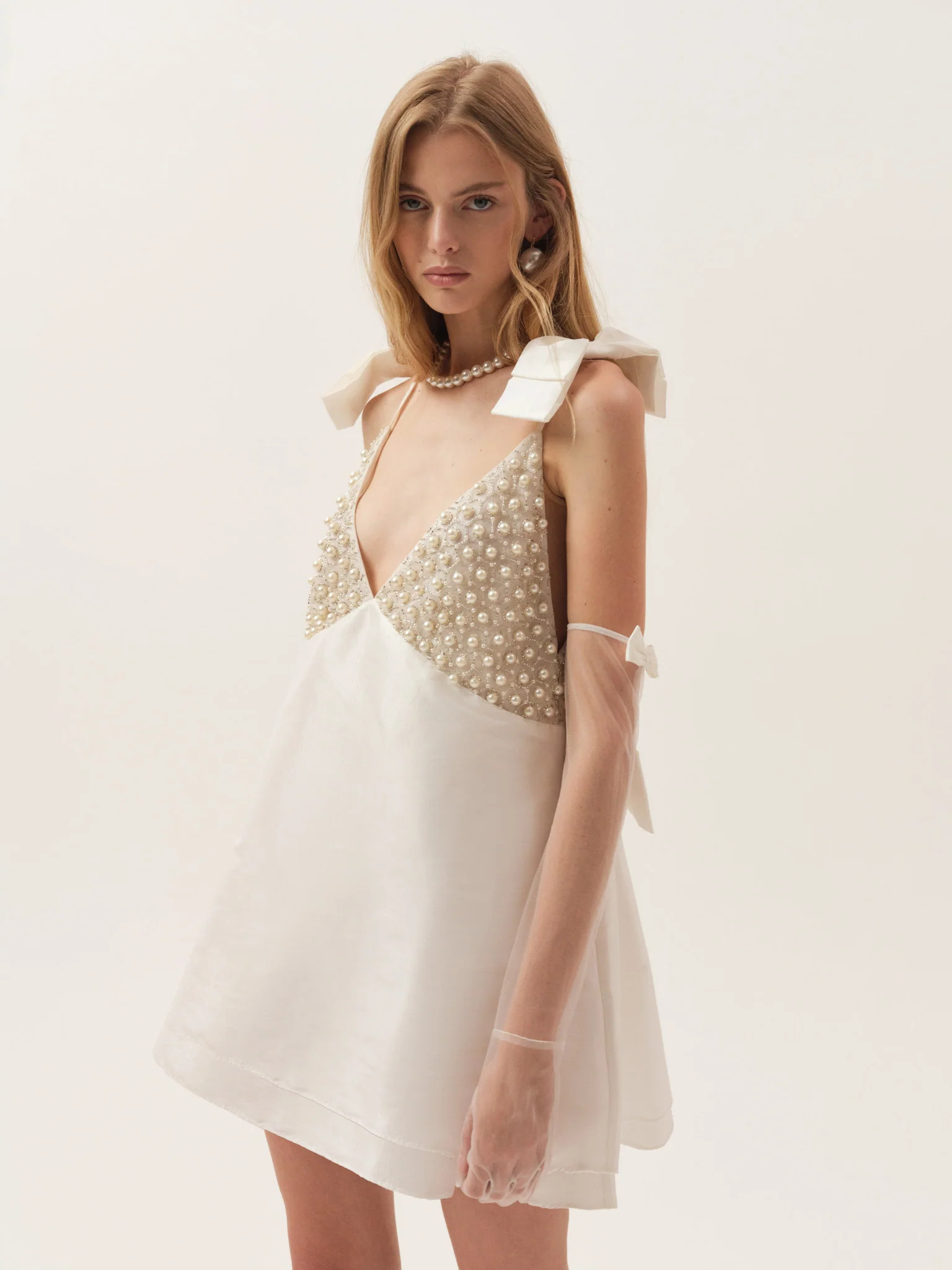 Pearly Bow Mini Dress — White | For Love & Lemons
