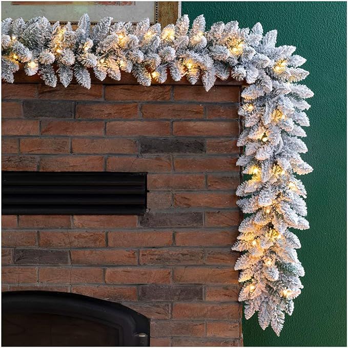 Glitzhome Pre-Lit Snow Flocked Christmas Garland with Warm White LED Light | Amazon (US)