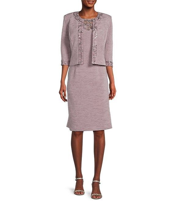 Round Neck 3/4 Sleeve Embroidered Mesh Trim Textured 2-Piece Jacket Dress | Dillard's
