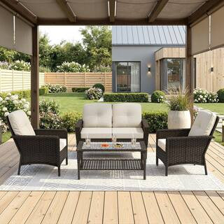 4-Piece Brown Wicker Outdoor Conversation Sets with Beige Cushions and Table | The Home Depot