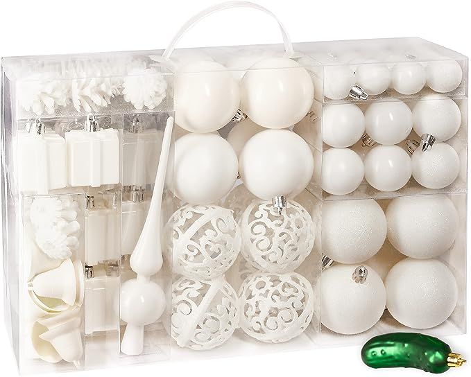 BRUBAKER 101 Pack Assorted Christmas Ball Ornaments - Shatterproof - with Green Pickle and Tree T... | Amazon (US)