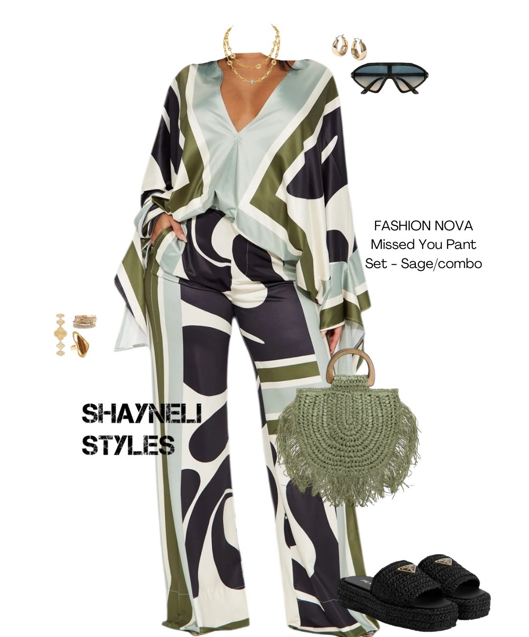 2 piece set is from Fashion Nova: FASHION NOVA Missed You Pant Set - Sage/combo


