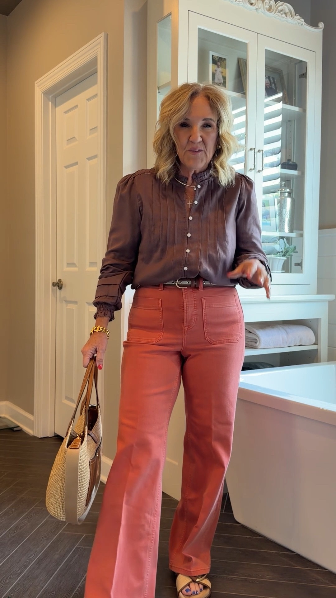 Quince blouse medium 
Spanx denim med petite size up if inbetween 
10% off my bag code NANETTE

#LTKOver40 #LTKootd #LTKSeasonal