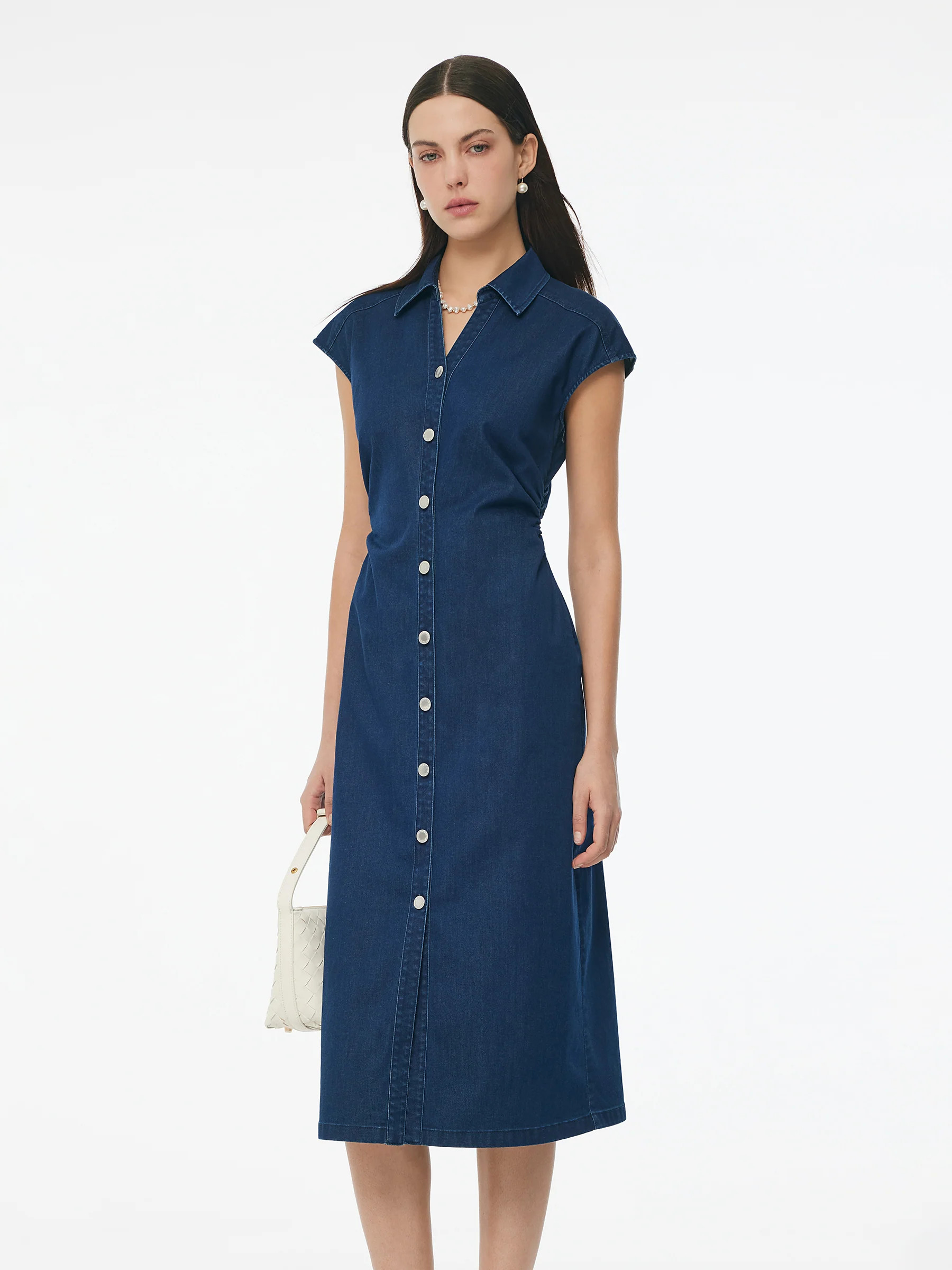 Denim Side Twist Women Cap Sleeve Stretchy Midi Dress - Dark Denim / S | GOELIA
