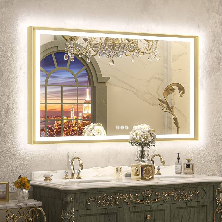 TETOTE Gold LED Bathroom Mirror with Lights 55x36 Front & Back Light Vanity Framed Mirror Baroque... | Amazon (US)