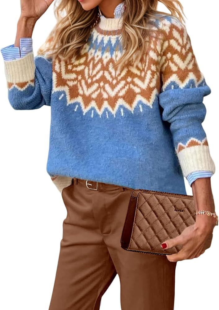 EARKOHA Women's Casual Mock Neck Ribbed Sweater Pullover 2025 Fall Long Sleeve Print Fair Isle Sw... | Amazon (US)