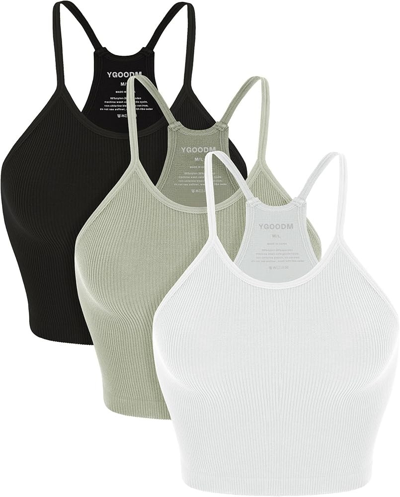 Women's Crop Tank Tops 3-Pack Y2K Ribbed Knit Strap Seamless Camisole Workout Gym Yoga Soft No Pa... | Amazon (US)