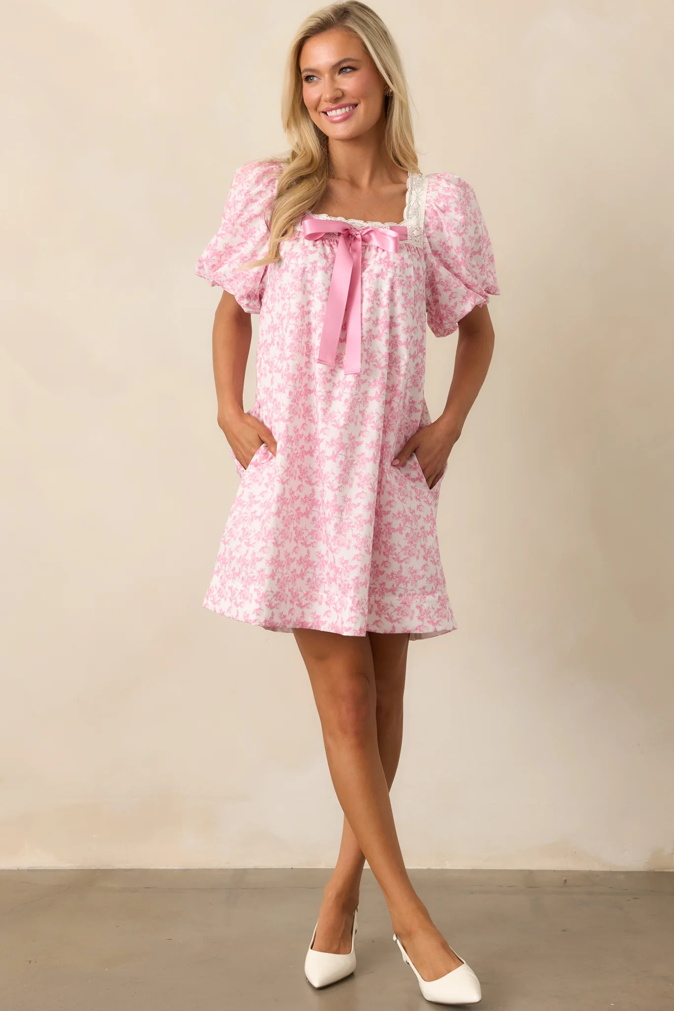 Frolic Through Fields Cotton Pink Floral Mini Dress | Red Dress