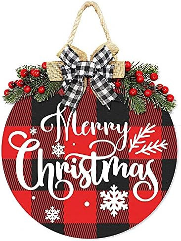 Merry Christmas Decorations Wreath, Merry Christmas Buffalo Plaid Hanging Sign Rustic Wooden Holi... | Amazon (US)