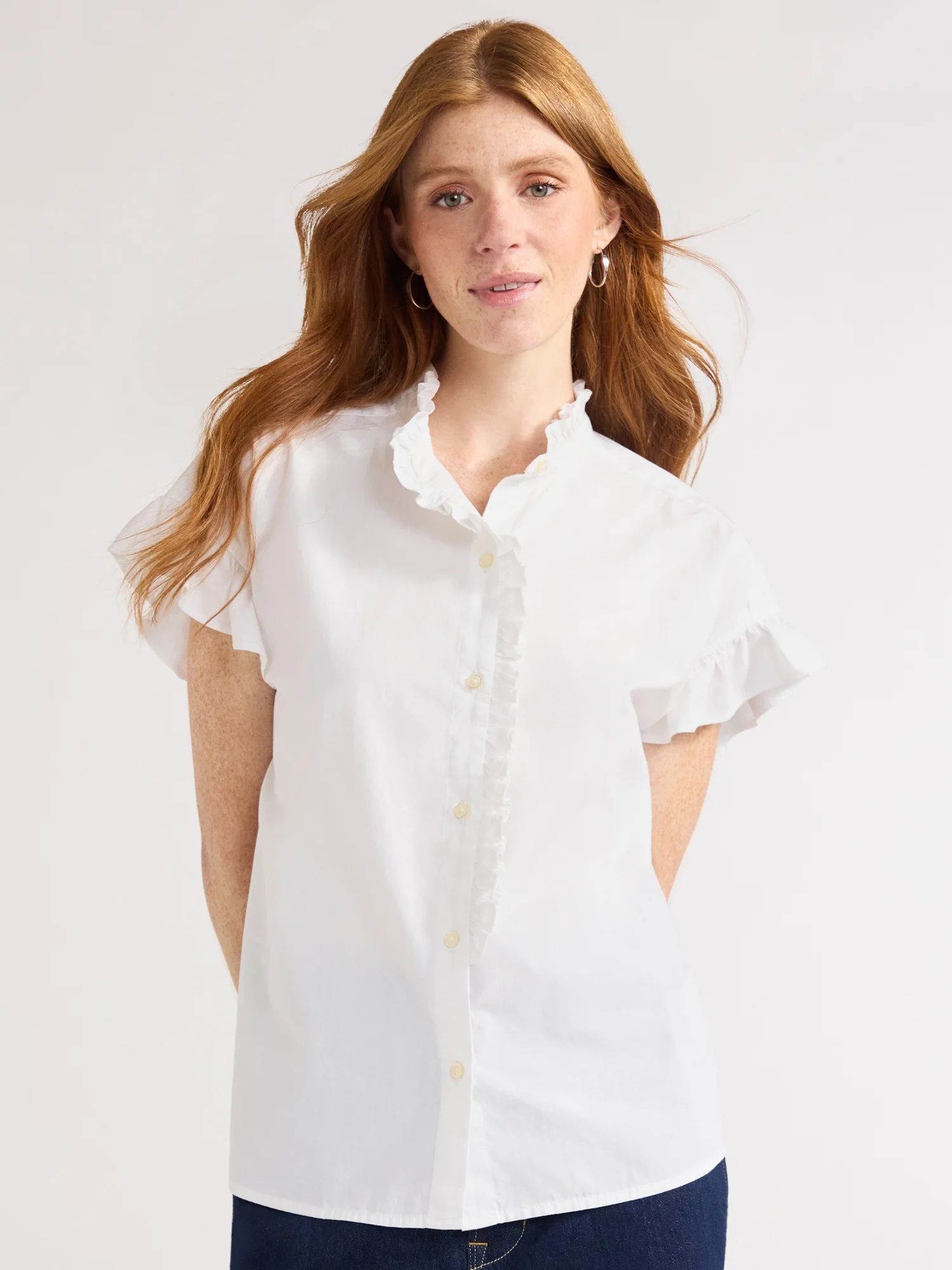Free Assembly Women's Ruffle Trim Cotton Shirt with Short Sleeves, Sizes XS-XXL | Walmart (US)